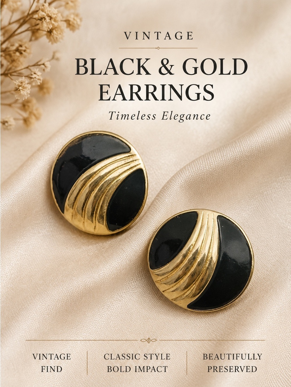 Vintage Black & Gold Enamel Statement Stud Earrings Retro Round Disc Earrings